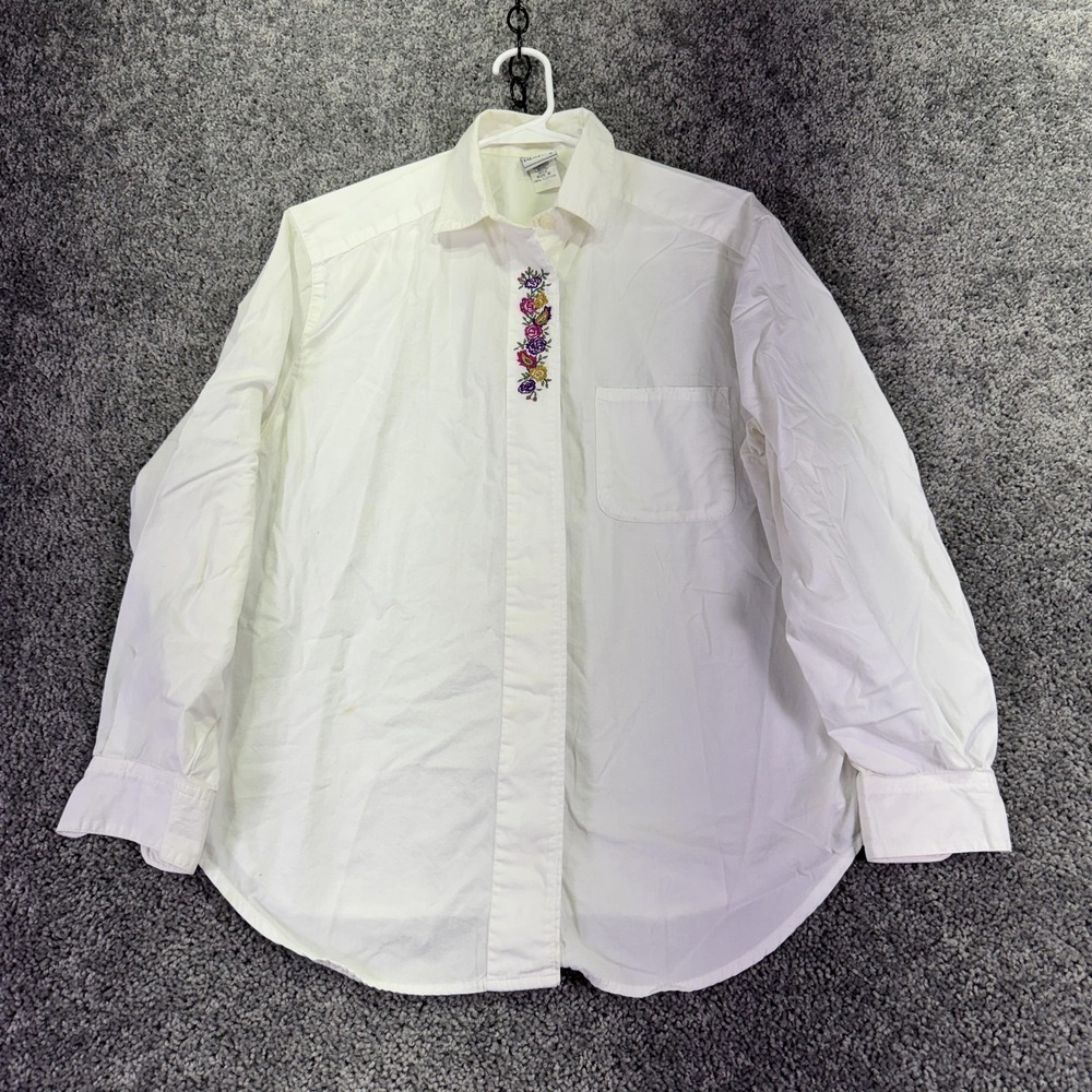 Palmettos Shirt Womens Medium White Long Sleeve Button Embroidered Floral Casual